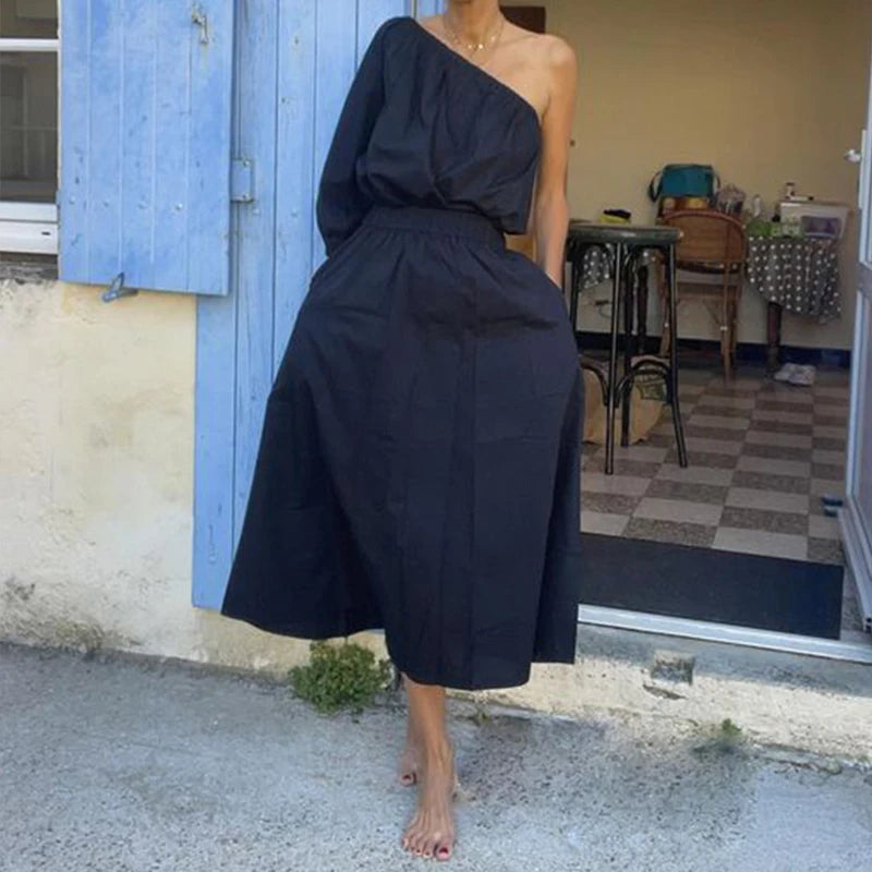 Casual High Street Solid Color Skew Collar Long Dress