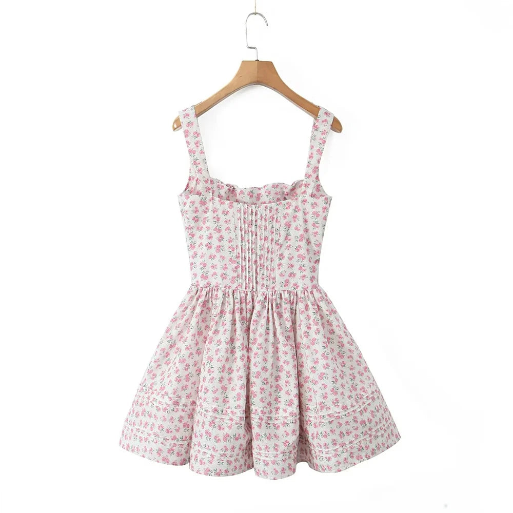 Women's Fashionable Floral Print Pleated Patchwork Slim Fitting Suspender Dress