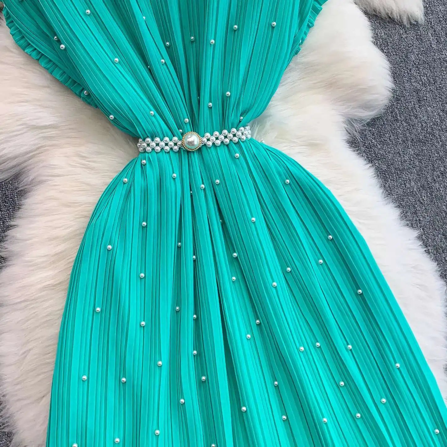 Summer Luxury Pearls Long Chiffon Dress For Women Loose Big Size Short Sleeve Crystal Birthday Evening Midi Pleated Dresses