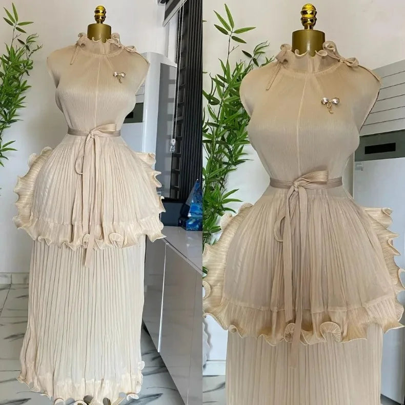 Pleated Dress Women's Solid Sleeveless Ruffles Lace Wedding Guest Dress Cocktail Dress
