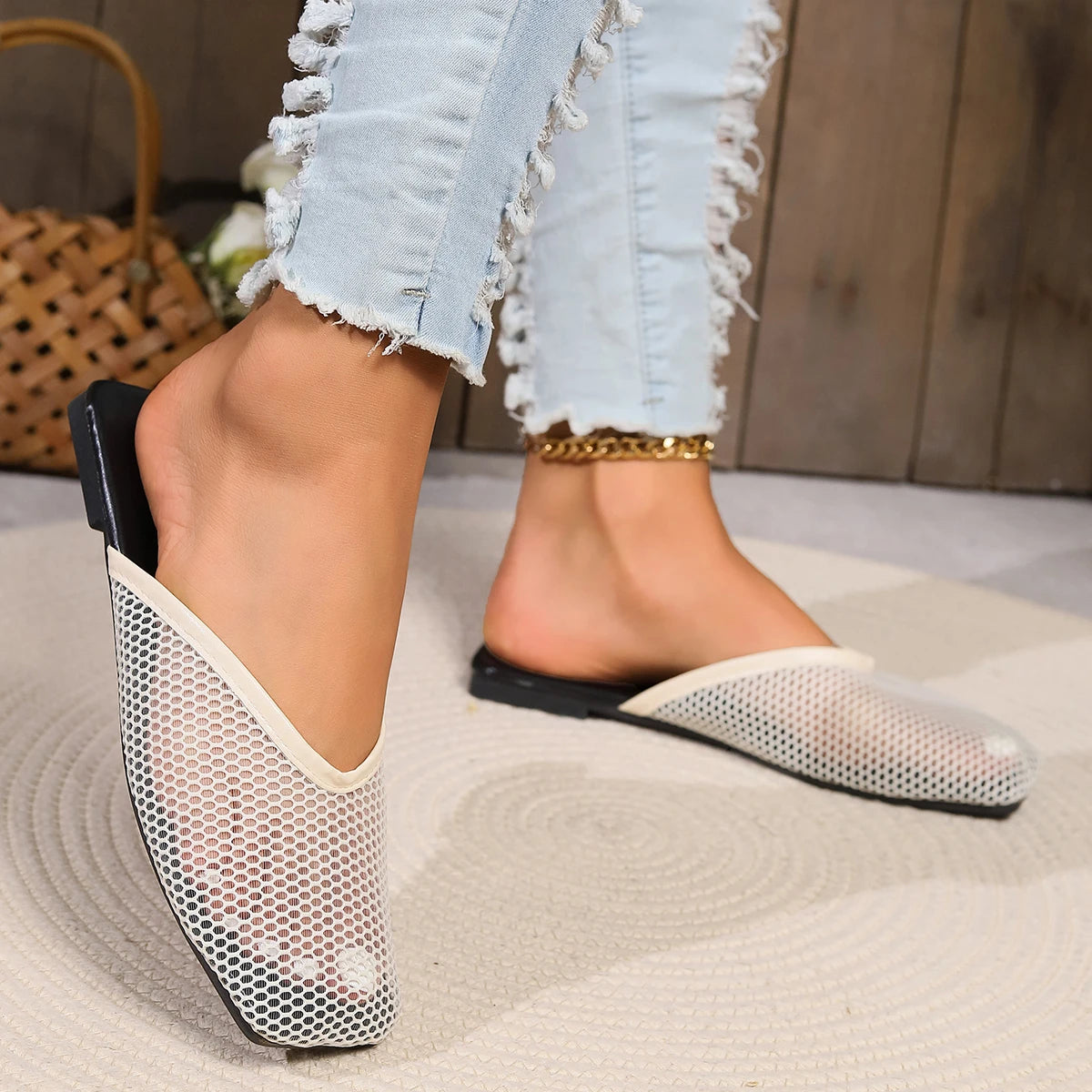 Flats Mules Women Slippers Mesh Sandals New Square Toe Slippers
