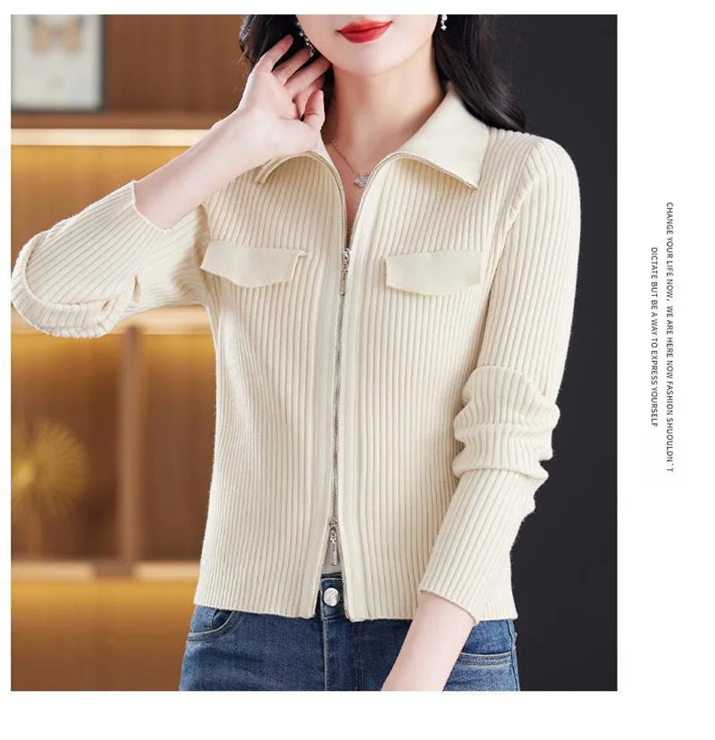 Women Knitted Sweater Cardigan Short Jacket Turn-Down Collar Knit Top
