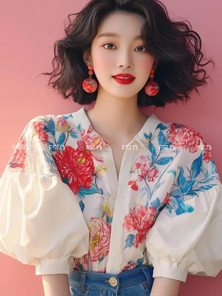 Flower Print Shirt Women French Temperament Lapel Puff Sleeve Button Blouse