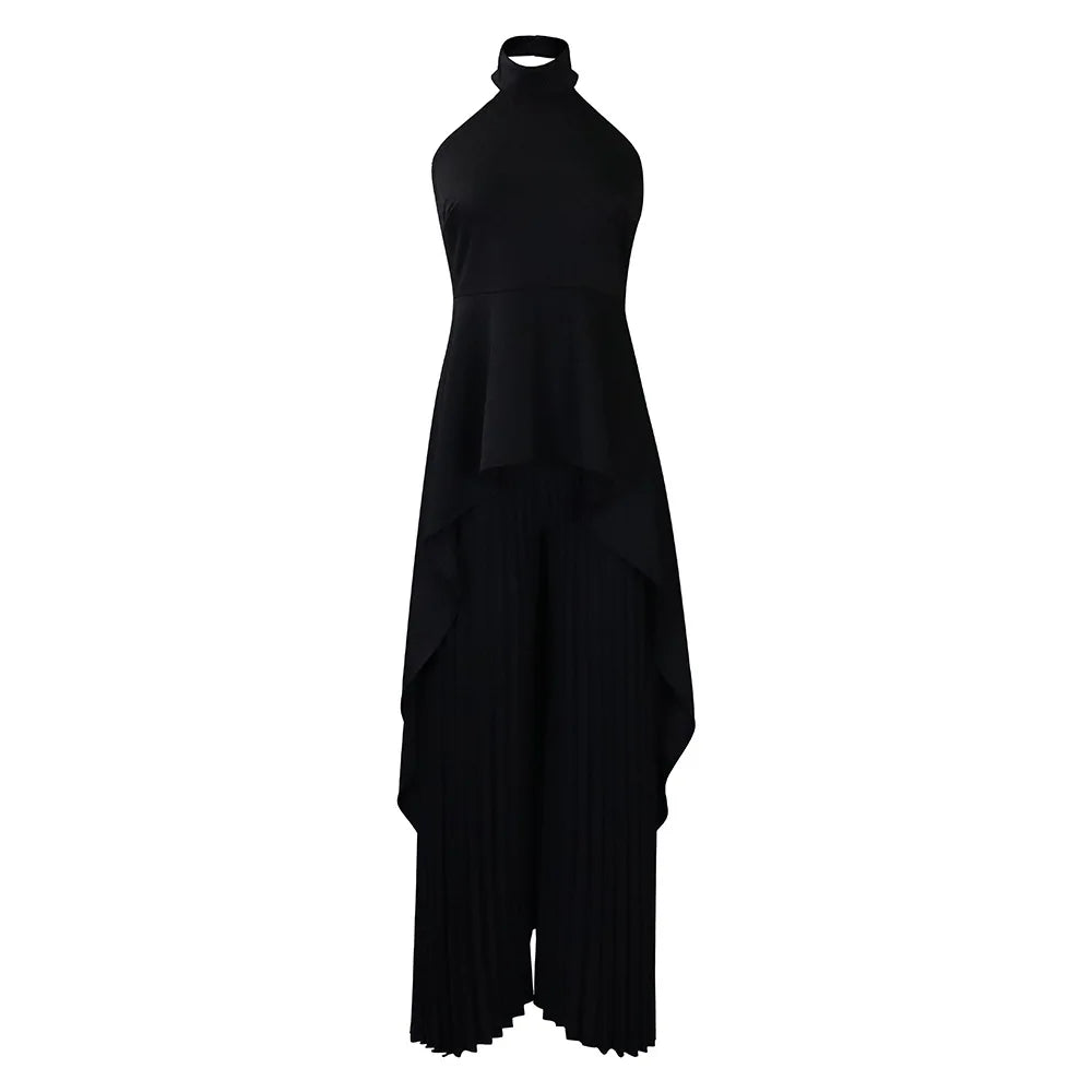 Elegant Two Piece Set Women Outfit Backless Top Hundred Pleated Wide Leg Pants Trousers Suit Summer Office Lady Suit
