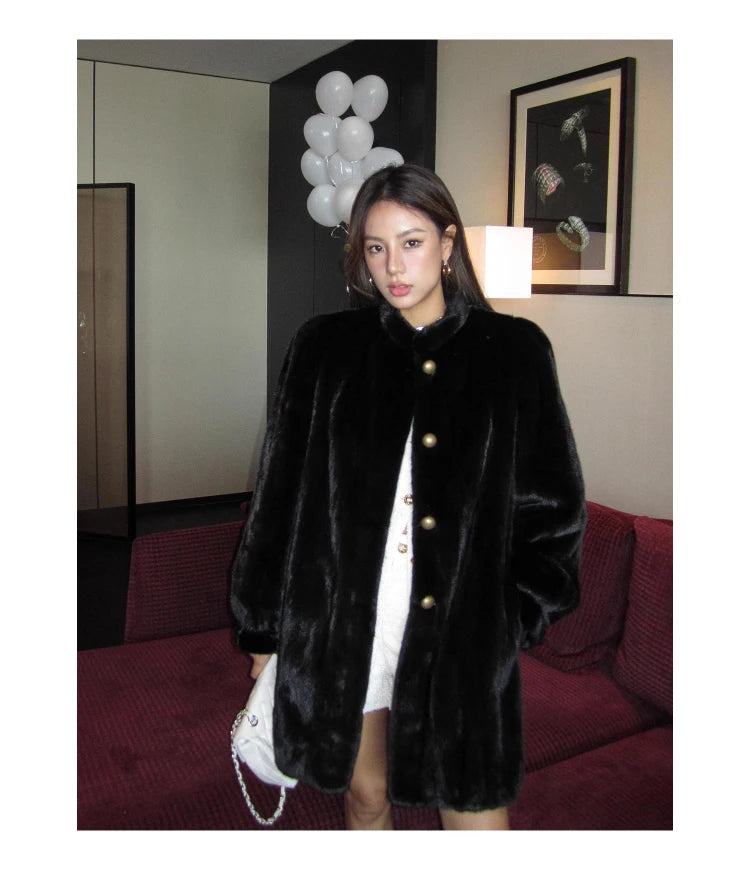 Brown Thick Warm Soft Faux Mink Fur Coat Women Puff Sleeve Stand Collar Fluffy Jacket