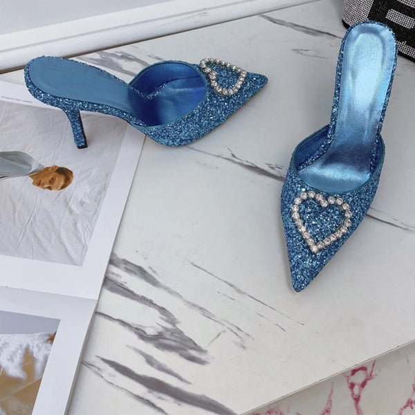 Shallow Mouth High-heeled Women's Shoes Love Rhinestone Shining Thin Heel Pump Slippers