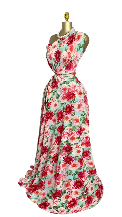 Women Floral Printed One Shoulder Skew Neck Cutout Waist Pleated Maxi Long Dress Birthday Outfit