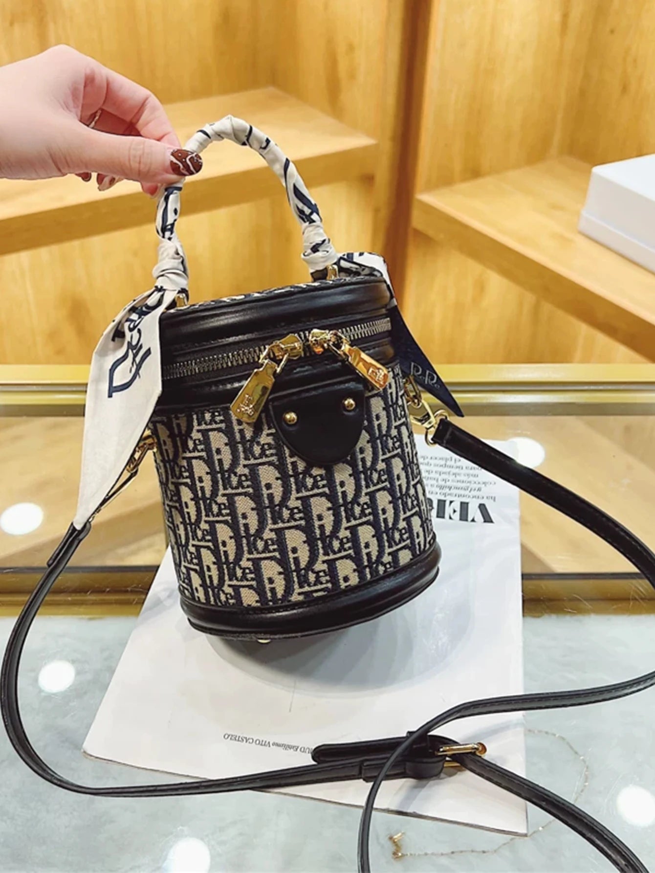 Lightweight Fabric Shoulder Bag, Blue/Black Letter Design, Detachable Strap & Scarf Bag