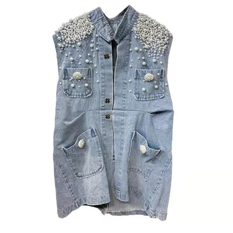 Women Pearl Denim Waistcoat Korean Fashion Cardigan Vintage Loose Vest