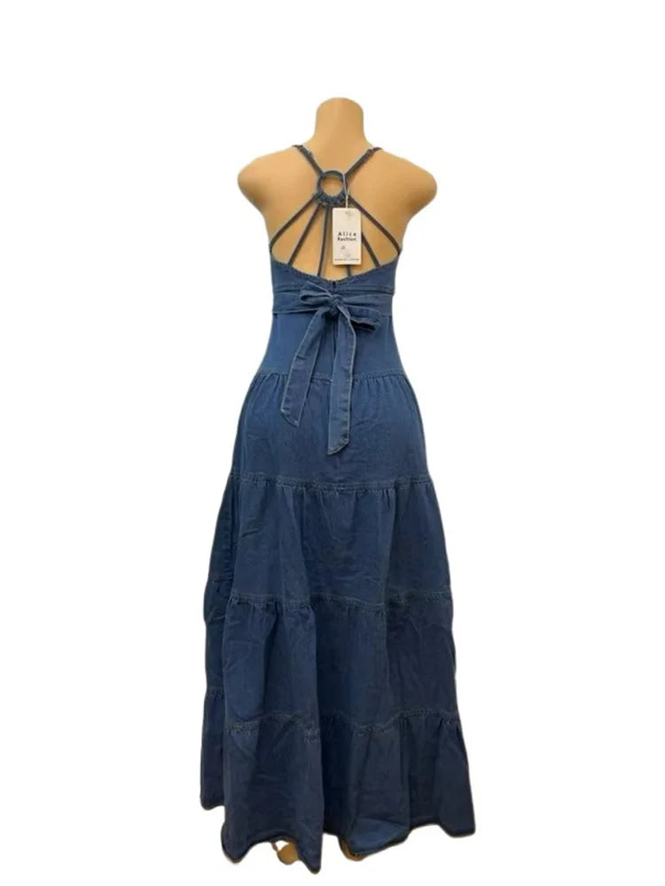 Elegant Sexy Deep V Neck Halter Denim Maxi Dress
