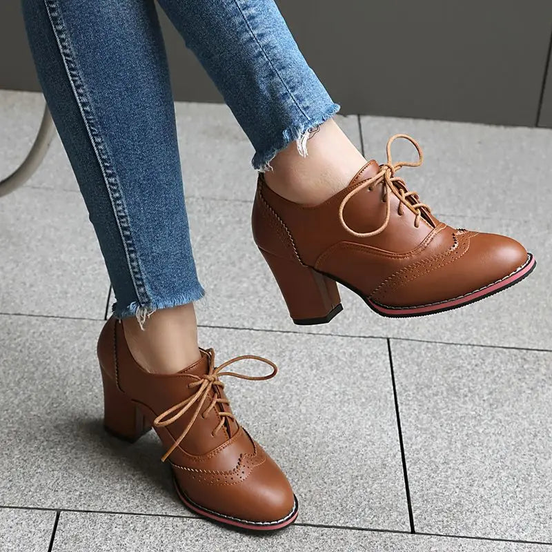 Pump Round Toe Chunky Heels 7.5cm Lace Up Plus Size 45 46 47 48 Office Shoes