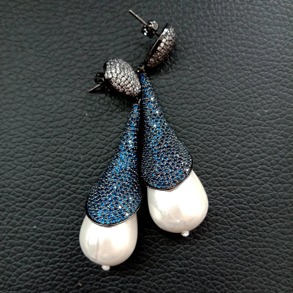 16x25MM White Sea Shell Pearl Colbalt CZ Pave Gunmetal Dangle Stud Earrings