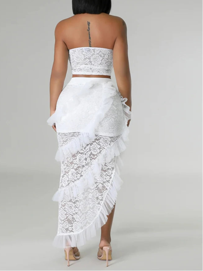 Two 2 Piece Sets for Women White Lace See Through Sleeveless Strapless Top and Ruffles Long Skirt Set