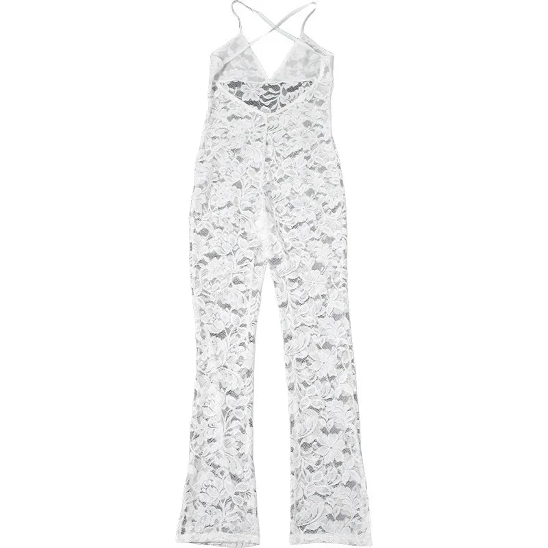 Cross Backless Jumpsuit Women Sexy See Thorough V-Neck Sleeveless Summer Coquette Stretch Overalls Club Birthday Outfit