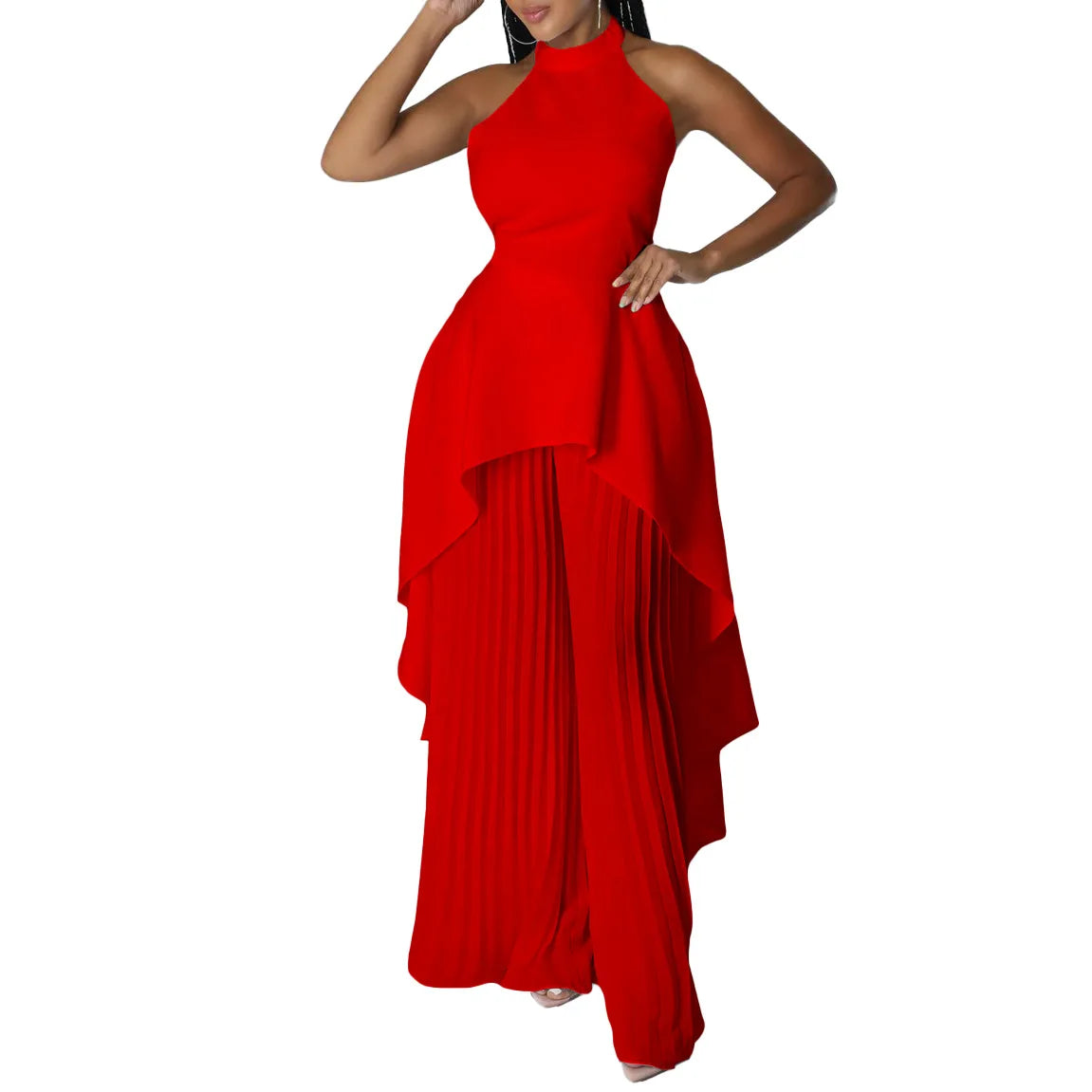 Elegant Two Piece Set Women Outfit Backless Top Hundred Pleated Wide Leg Pants Trousers Suit Summer Office Lady Suit