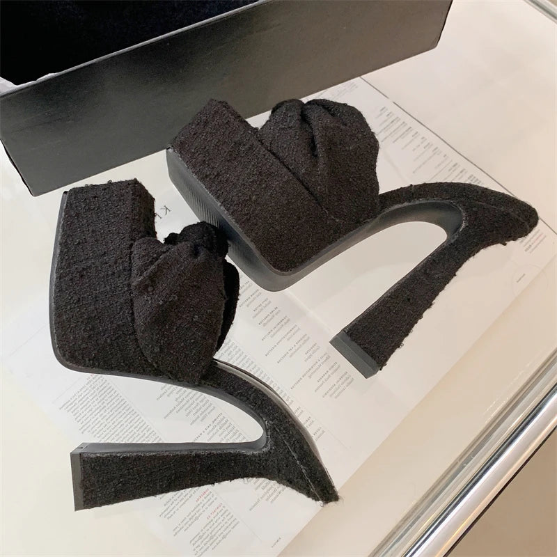 Chunky Platform Wedge Woman Slippers Butterfly-knot Open Toe Wedding Banquet Sandals High Heels Slide Shoes