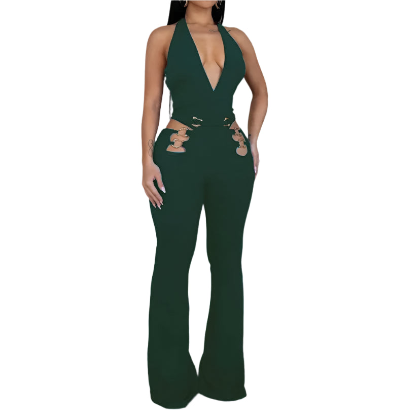 Women V-Neck Backless Straight Sleeveless Flare Jumpsuits One Piece Outfits