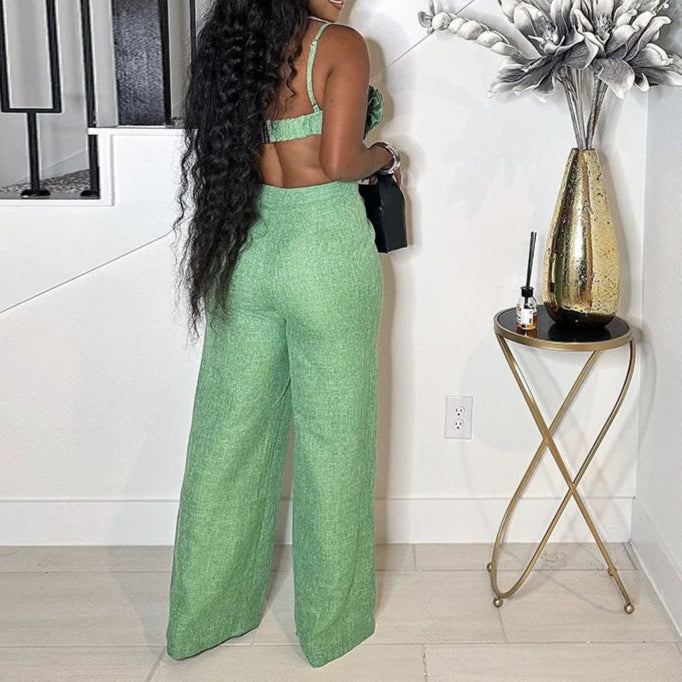 Elegant 2 Piece Sets Women Sexy 3D Flower Crop Camisole and Straight Leg Pants Set