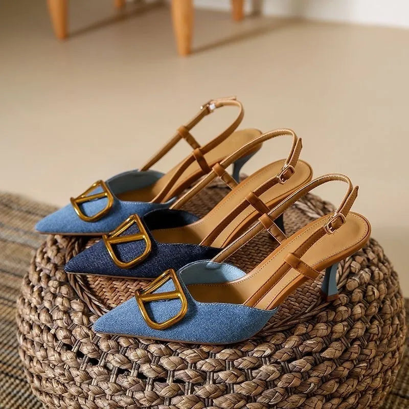 Thin Heels Women's Denim High Heels French Pointed Denim Heel Sandals
