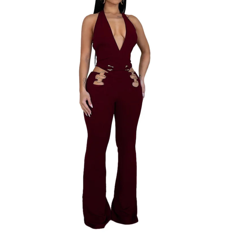 Women V-Neck Backless Straight Sleeveless Flare Jumpsuits One Piece Outfits