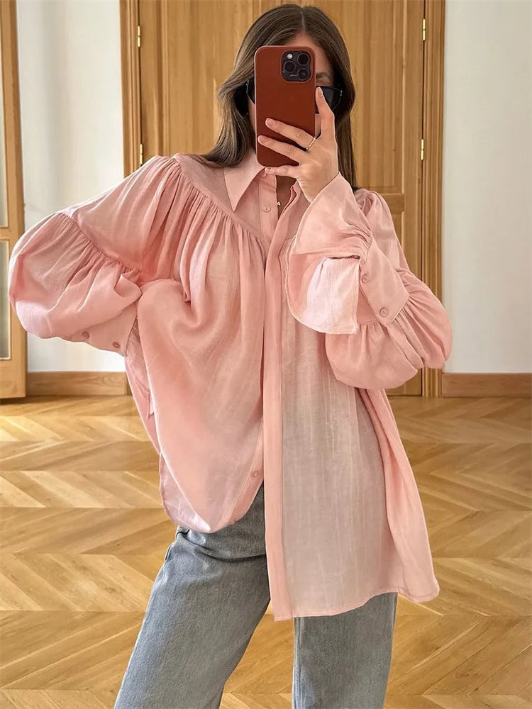 Summer Ruffled Loose Shirts For Women Lapel Long Sleeve Casual See-Through Blouse