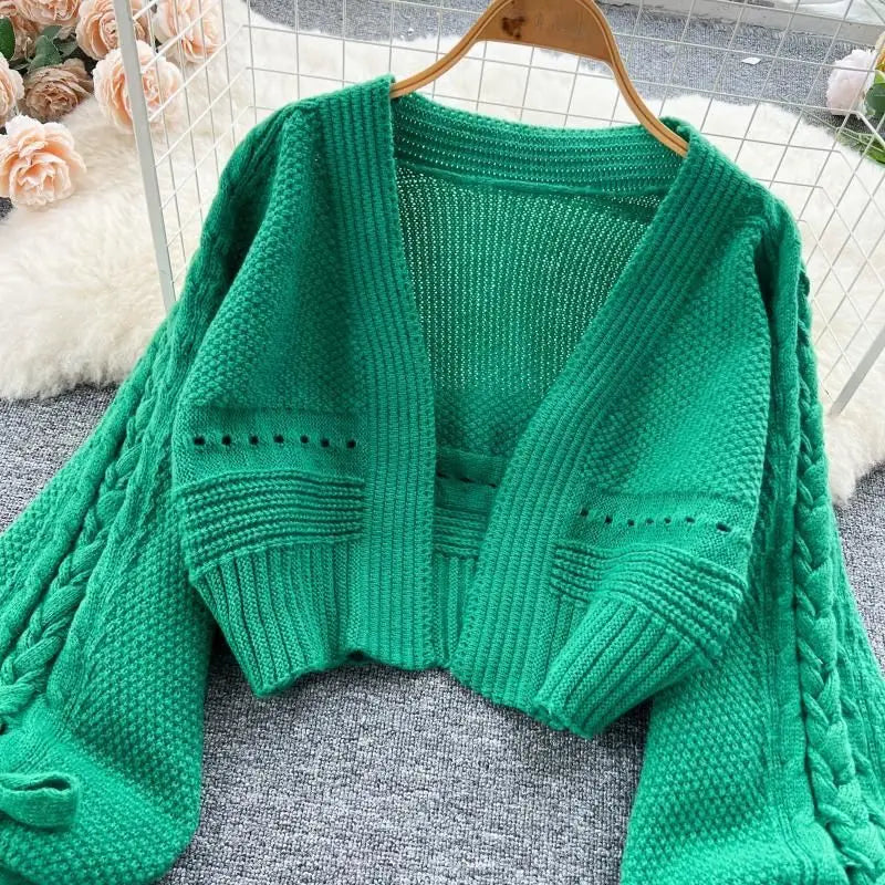 Green Casual Acrylic Knit V-Neck Lantern Long Sleeve Lace Up Women's Cardigan