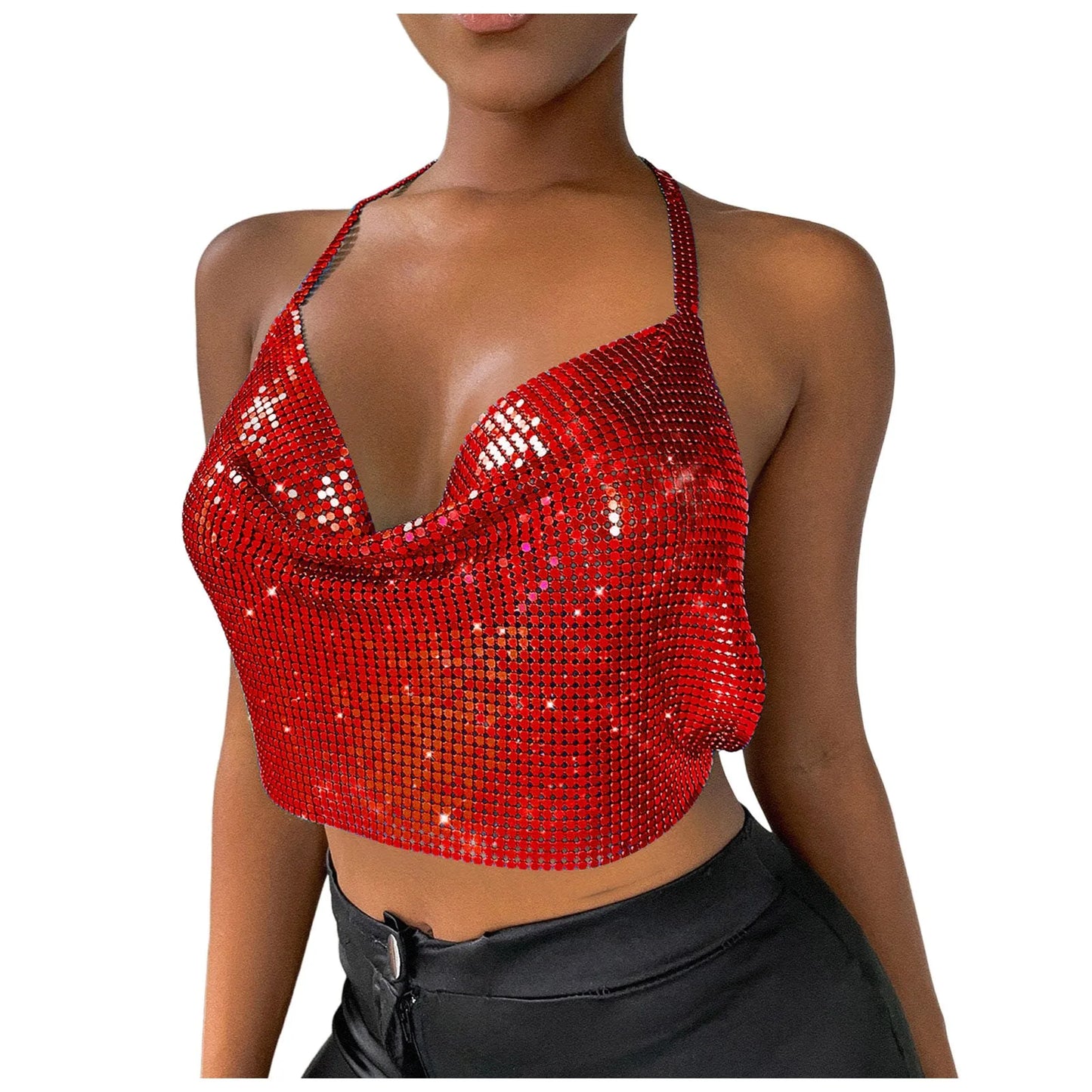 Sexy Sequins Metal Crop Tops Women Suspenders Halter Backless Night Club Tank Top