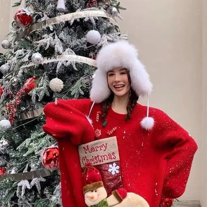 Christmas Sweater Loose New Lazy Thick Sweater Three-dimensional Cartoon Red Sweater