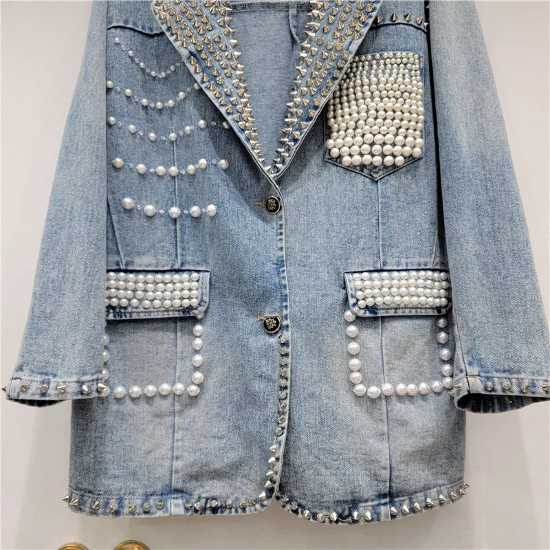 Women Pearls Beaded Denim Jacket Turn Down Collar Jeans Blazers