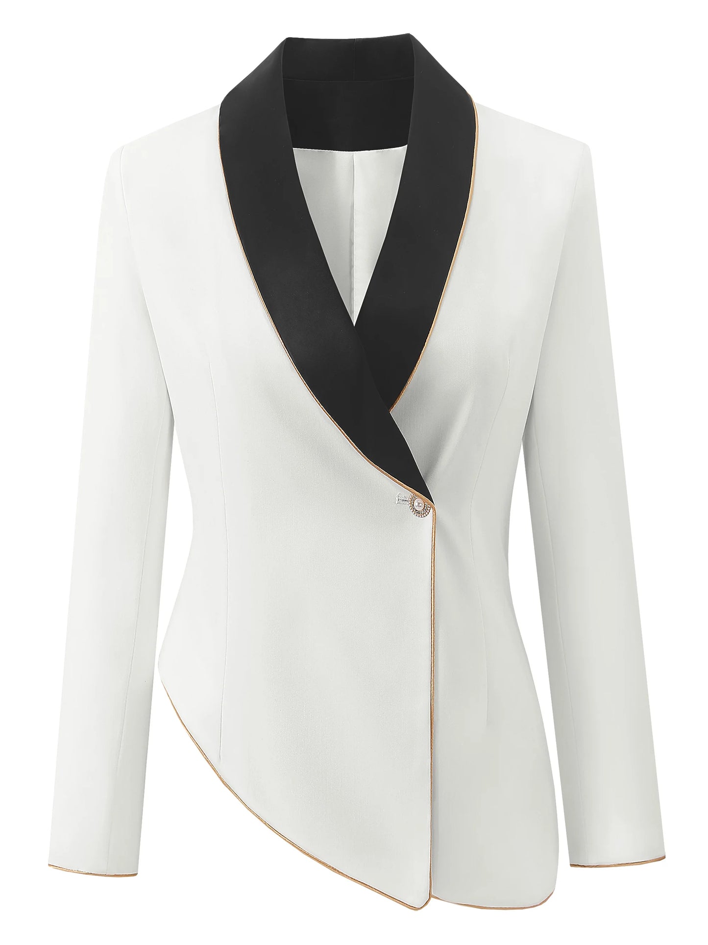 Elegant Asymmetrical White Blazer with Black Contrast Lapels