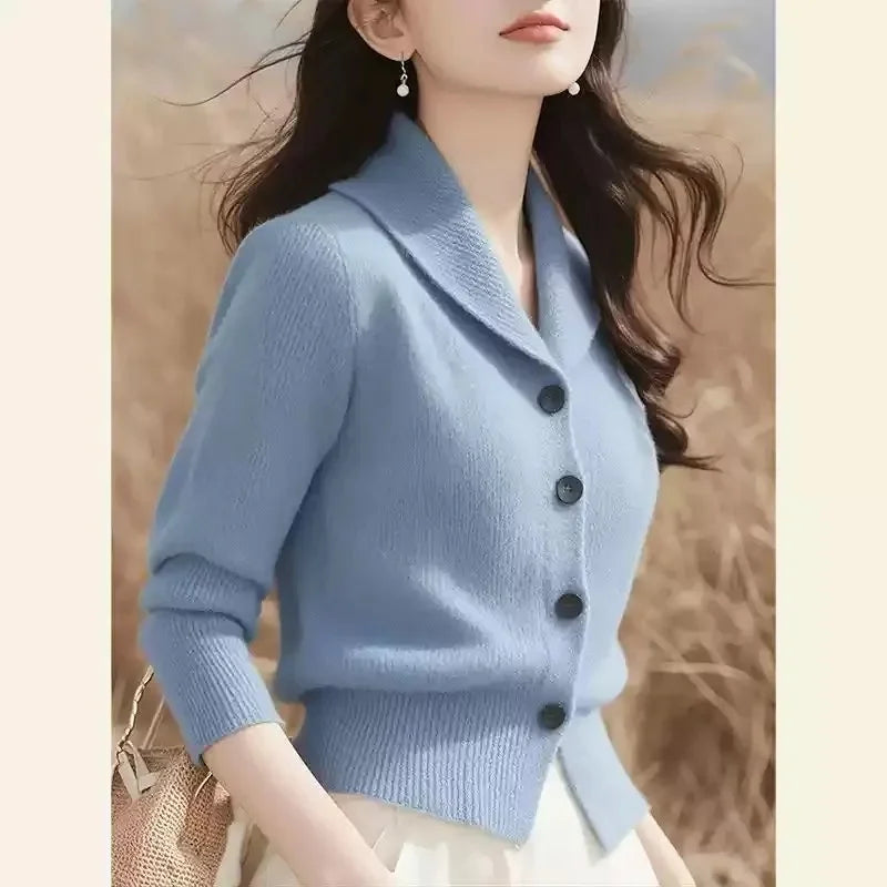 Turndown Collar High End Women Knit Cardigan Sweater Korean Knitwear Tops
