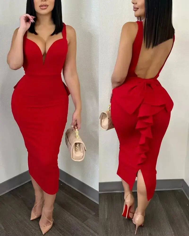 Sexy Plunging V-neck Backless Bowknot Ruffles Bodycon Midi Dresses for Women Party Night Elegant Club Celebrity Prom Dress