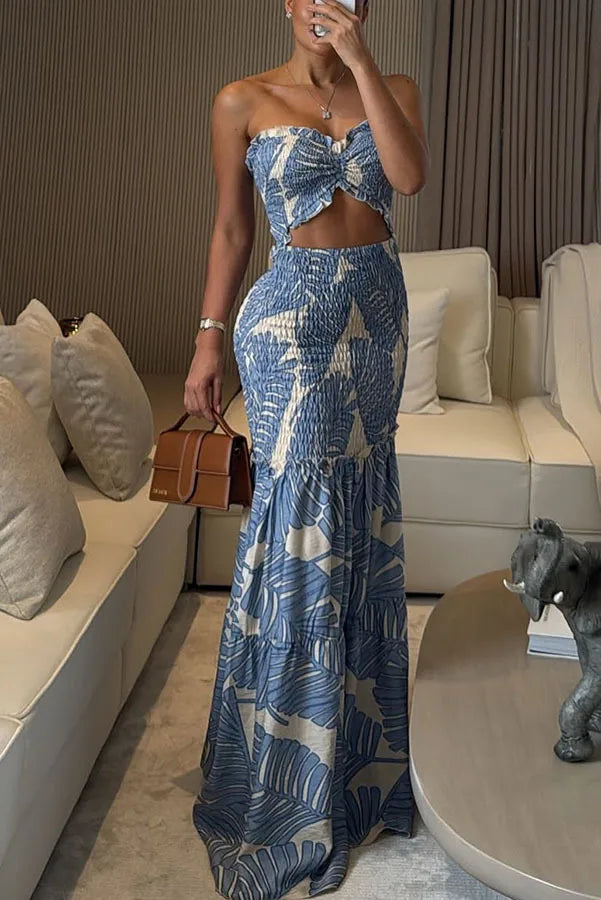 High Waist Hollow Dress Women Lace-Off Printed Sling Long Floor Maxi Dress