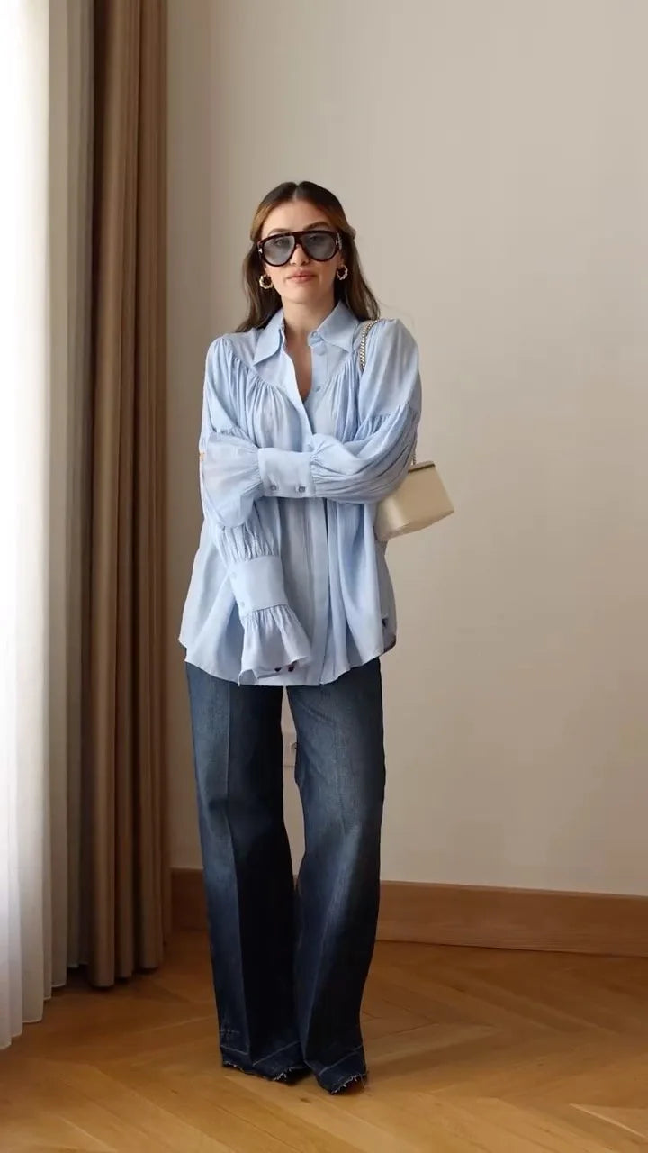 Summer Ruffled Loose Shirts For Women Lapel Long Sleeve Casual See-Through Blouse