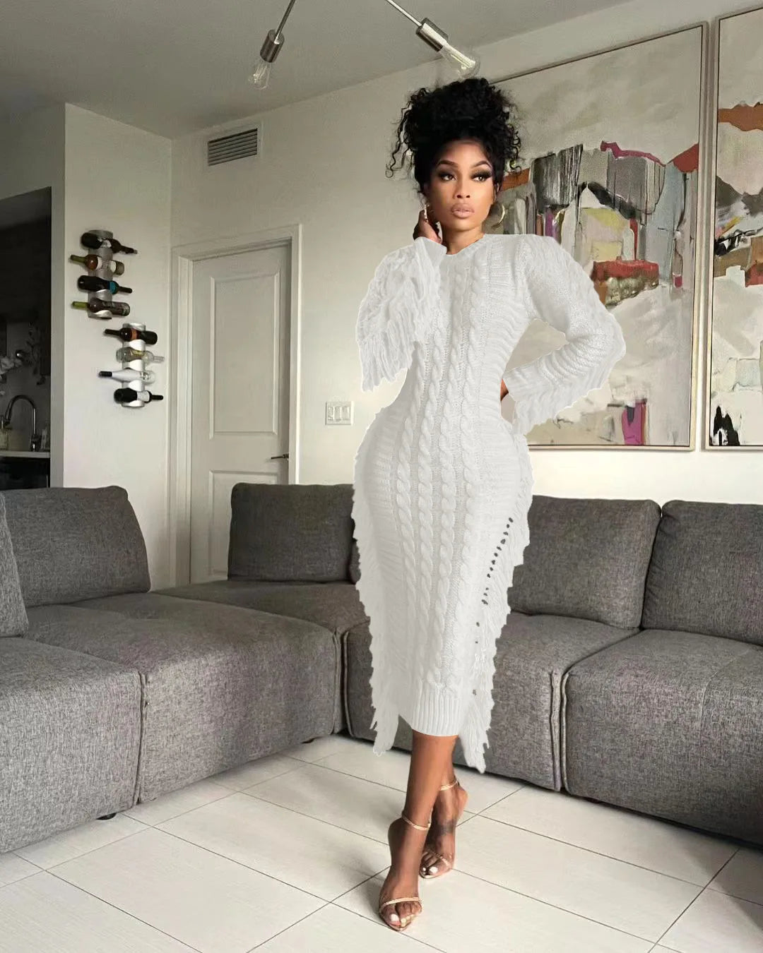 Women Long Sleeve Tassel Bodycon Midi Knit Dress O-neck Sweater Dress
