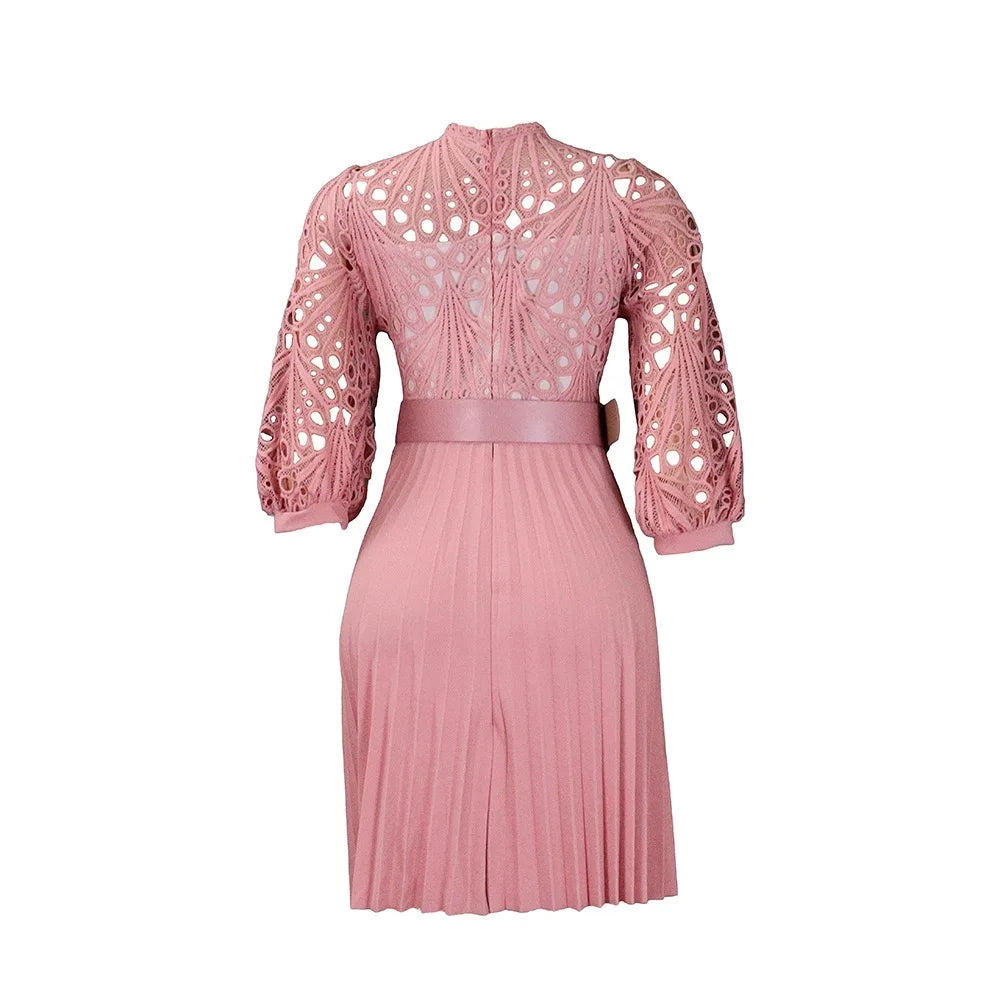 Elegant Dresses for Women O Neck Three Quarter Sleeve Belt Waisted Lace Patchwork Knee Length Luxury Female Birthday Party Dress