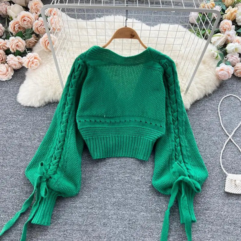 Green Casual Acrylic Knit V-Neck Lantern Long Sleeve Lace Up Women's Cardigan