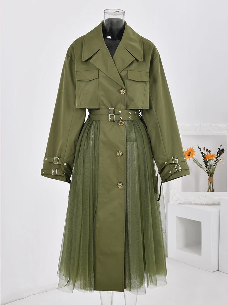 Vintage Gauze Patchwork Windbreaker Women Lapel Double Belt Gathered Trench Coat
