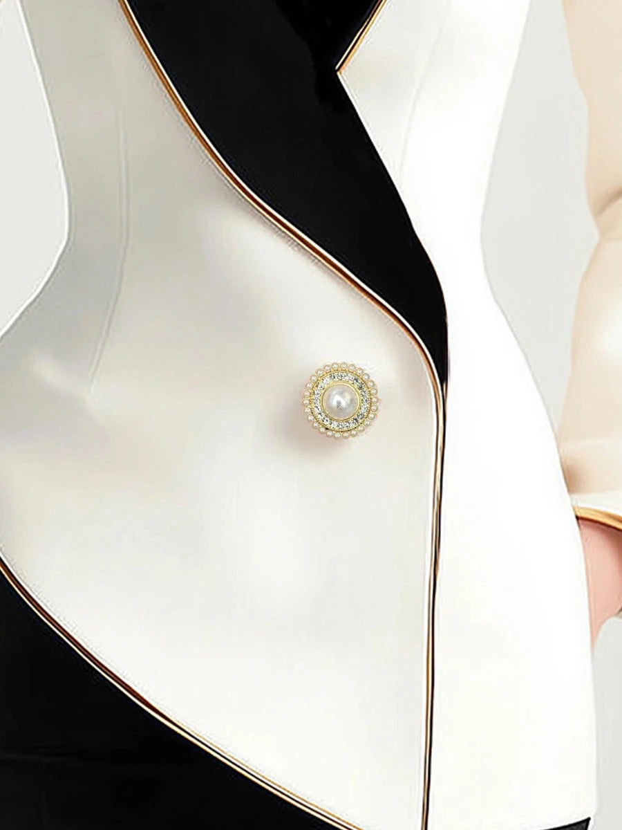 Elegant Asymmetrical White Blazer with Black Contrast Lapels