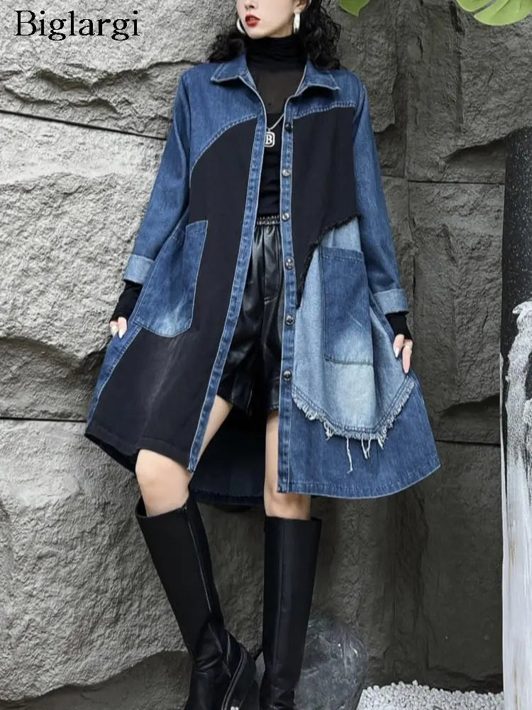Oversized Denim Autumn Midi Trench Coat for Women