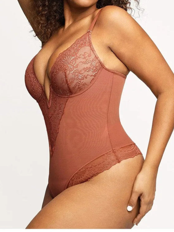 Sexy Deep V-Neck Lace Slimming Body Shaper Plus Size Tummy Control Push Up Bodysuit