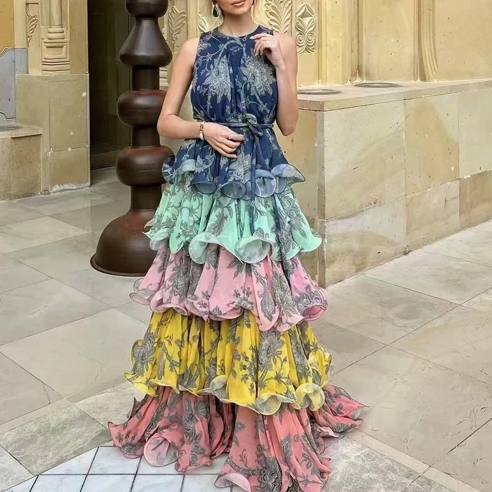 Colorful Print Ruffle Maxi Dress Spliced Lace Up Robe for Women Round Neck Sleeveless High Waist Patchwork Ruffles Dress