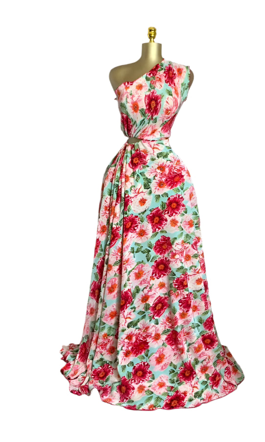 Women Floral Printed One Shoulder Skew Neck Cutout Waist Pleated Maxi Long Dress Birthday Outfit