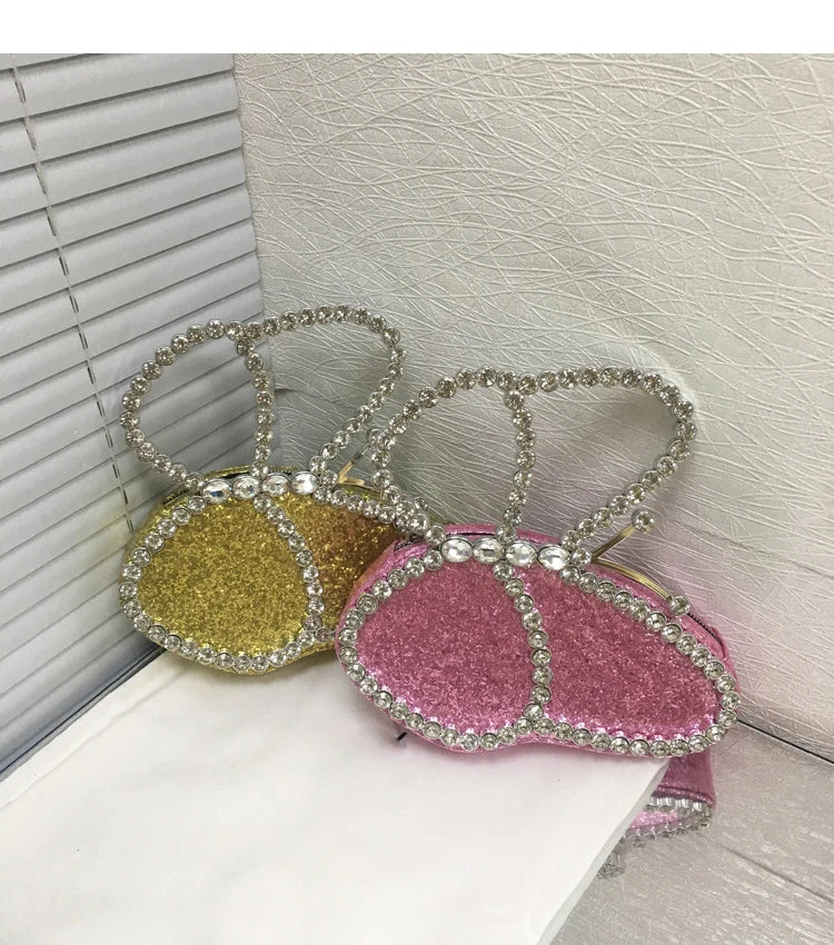 White Rhinestone Pink Butterfly Wedding Evening Clutches Party Prom Purse