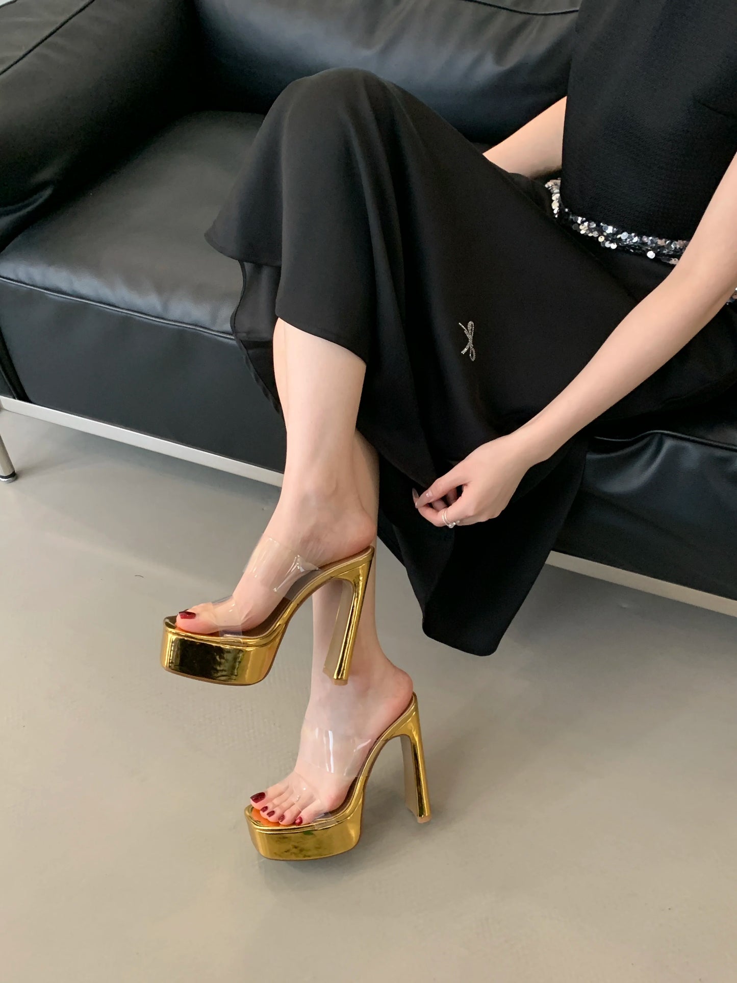 Designer PVC Transparent Platform Slippers Women Square Toe High Heels Slides Shoes