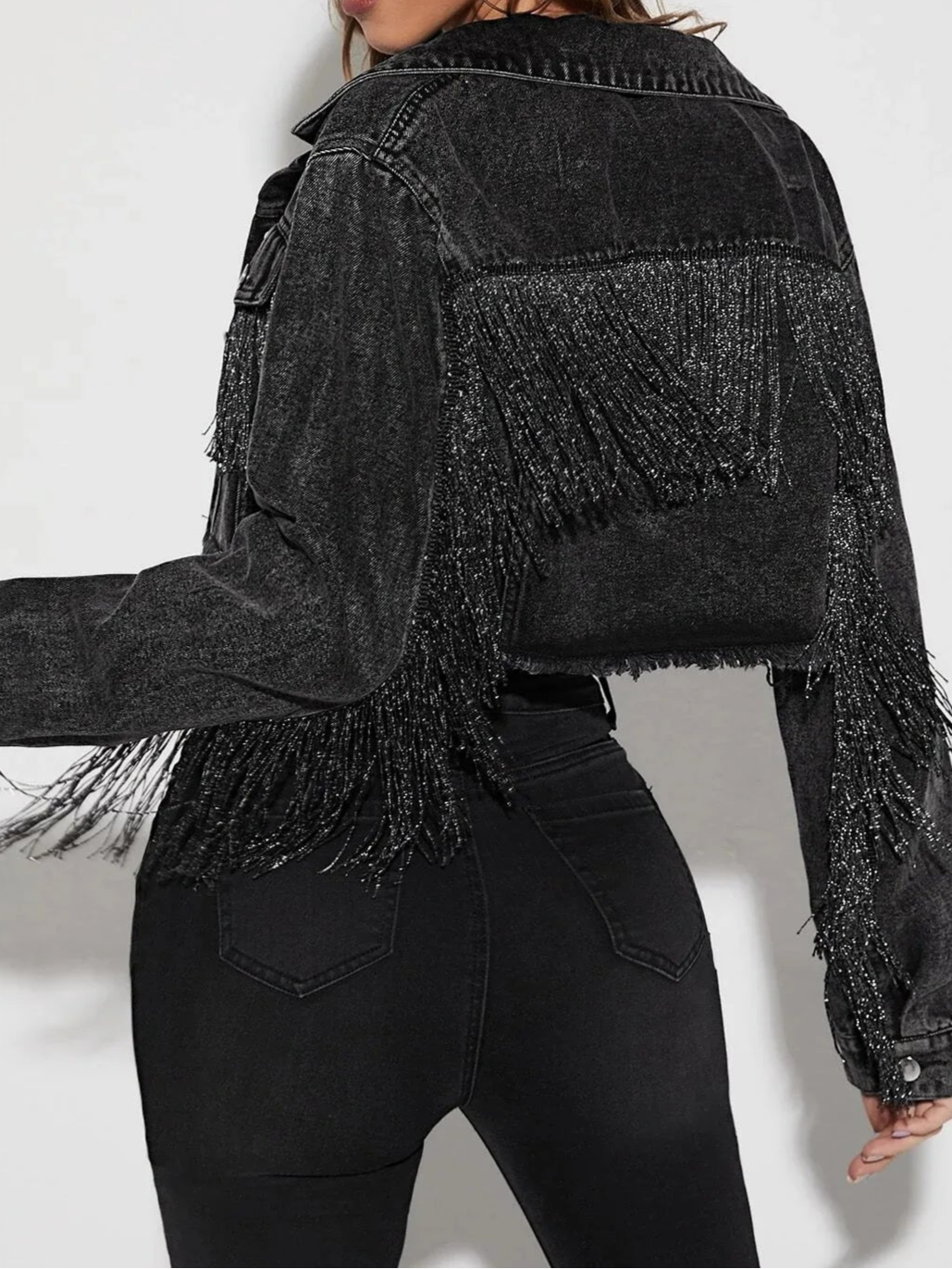 Women's Fringe Jacket Tassel Cropped Denim Jacket Raw Hem Ripped Crop Jean Jackets