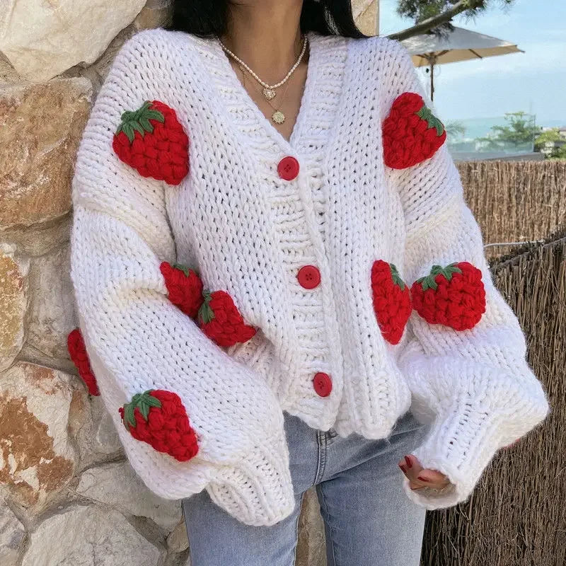 Large Size Women Sweater Puff Sleeve Strawberry Sweet Full Cardigans Loose Girls Sweater