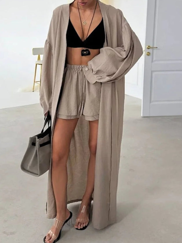 Loose Long Cardigan Lace Up Shorts Sets Women Crop Solid Balloon Sleeve Shirts Elastic Wide Leg Short Pants