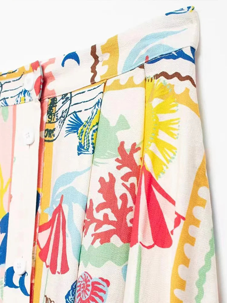 Colorful Printed Suspenders Skirt Set Women Patchwork Quilted High Waist Skirt Two Piece Summer