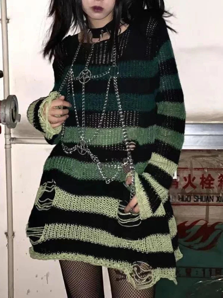 Punk Gothic Long Sweater Women Striped Broken Jumper